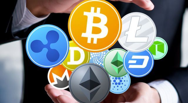 imagem com logomarca de diversas criptomoedas