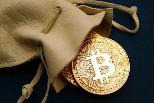 bolsa com moeda dourada de bitcoin