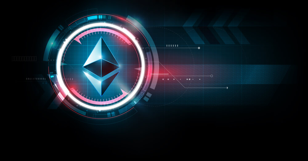 Uma imagem do símbolo Ethereum cercada por luzes digitais de néon