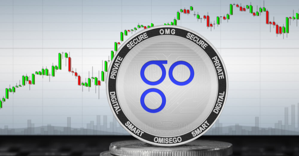 O símbolo da moeda crypto OmiseGO na frente de um gráfico de negociação