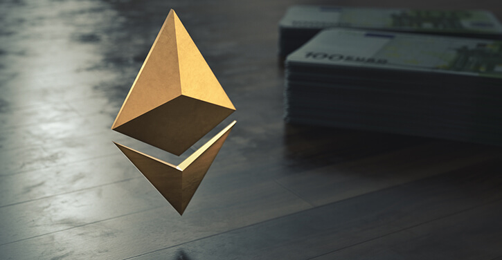 Logotipo 3D da criptomoeda Ethereum flutuando no piso de madeira