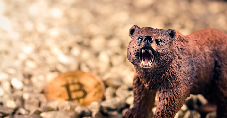 Uma imagem de um Bitcoin e um urso, ilustrando a corrida de baixa