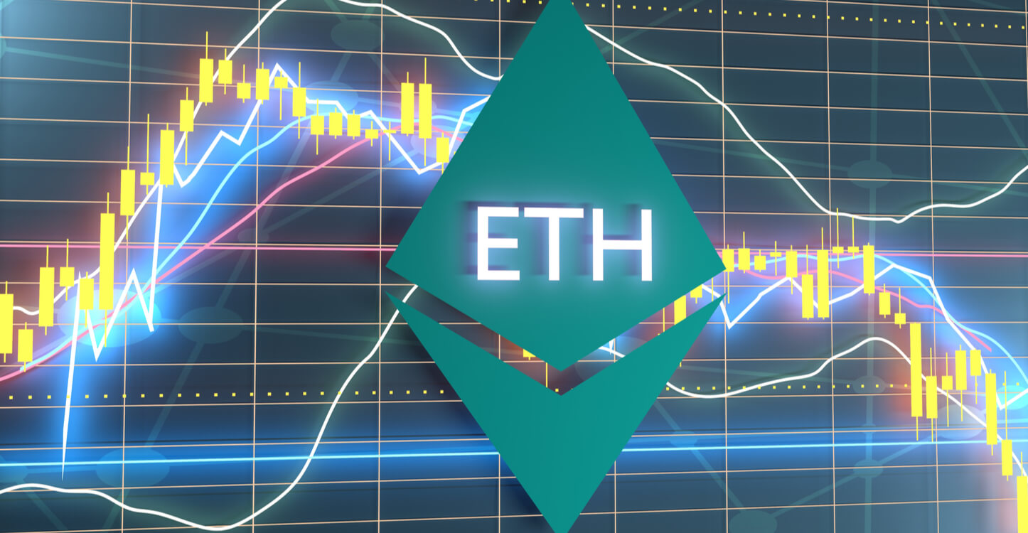 Imagem do logotipo do ETH com padrões gráficos de velas