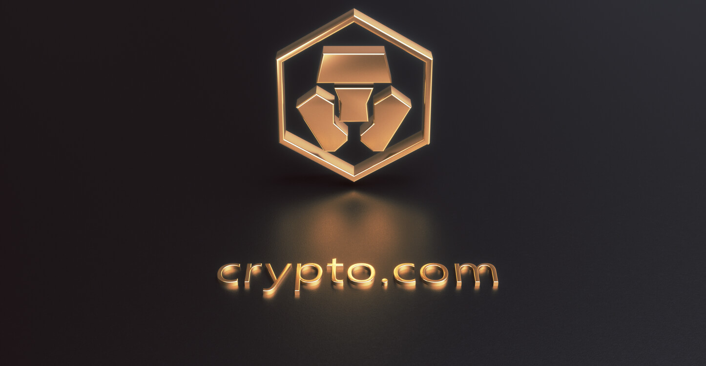 Ilustração 3d do ícone da criptomoeda dourada de Crypto.com