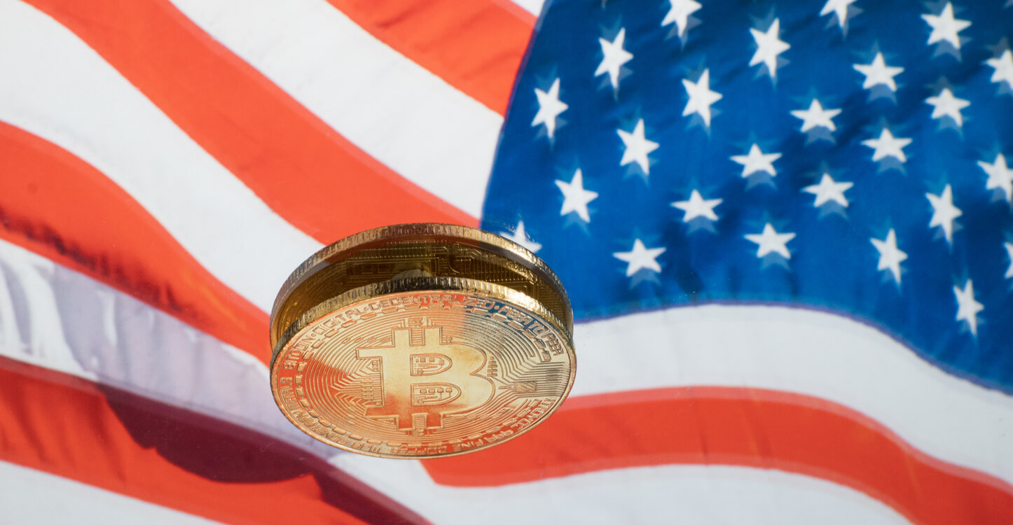 Uma imagem de um Bitcoin na bandeira americana