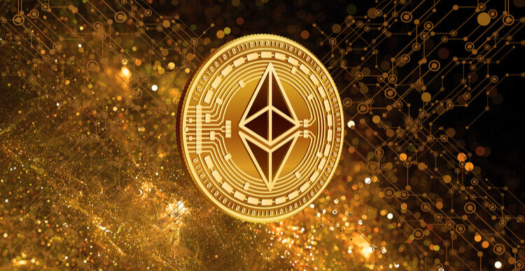 Ethereum sobre fundo dourado de blockchain