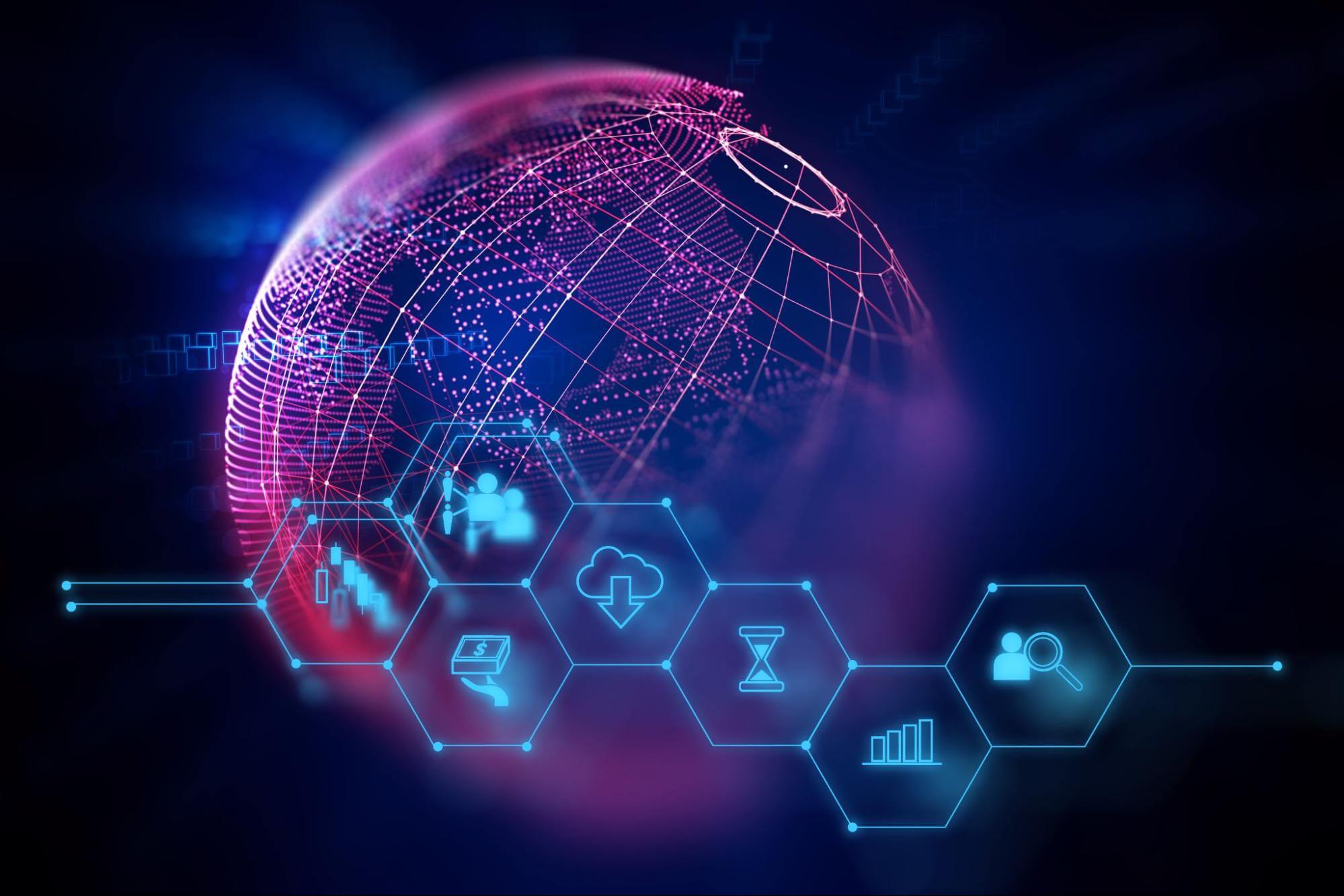 Gráfico tecnológico com ícones e um globo representando a tecnologia blockchain